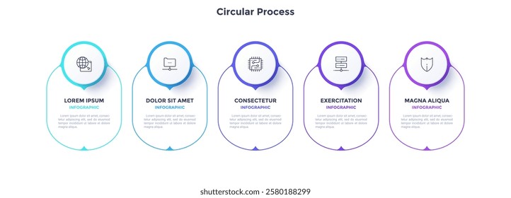 Circular process color template diagram with 5 steps. Company team-building planning presentation design with mockup banners. Five oval shapes for commercial infographic data performance