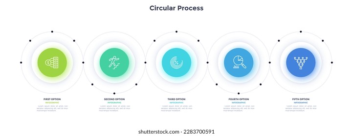 Circular process for corporate management presentation infographic chart design. Business analytics infochart with thin line icons. Instructional graphics with 5 steps for banners creation