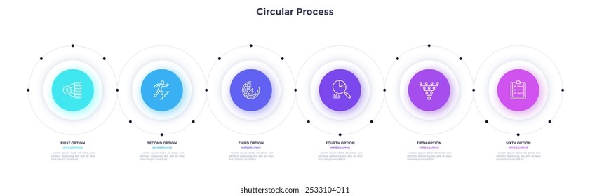 Circular process for corporate management presentation infographic chart design. Business analytics infochart with thin line icons. Instructional graphics with 6 steps for banners creation