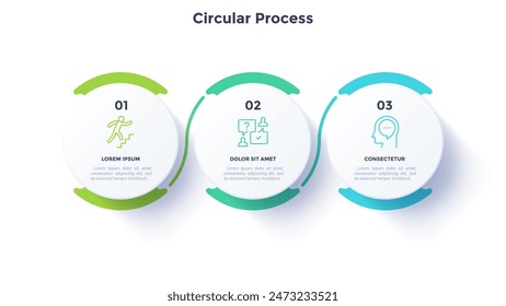 Diseño minimalista en color de diagrama de proceso circular con secuencia de 3 pasos. Comunicación empresarial y presentación de desarrollo con marcos. Tres Formas redondas conectadas para infografía de datos