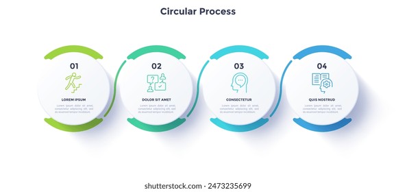 Circular process diagram color minimalist design with 4 steps sequence. Business communication and development presentation with frames. Four connected round shapes for data infographic