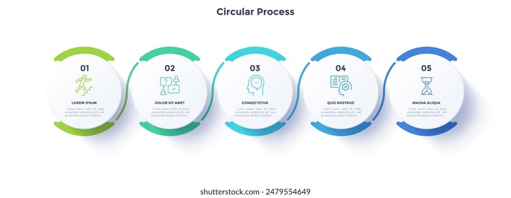 Circular process diagram color minimalist design with 5 steps sequence. Business communication and development presentation with frames. Five connected round shapes for data infographic