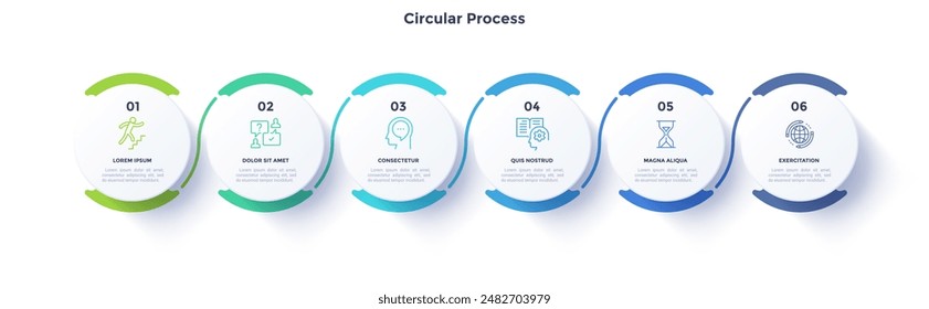 Diseño minimalista en color de diagrama de proceso circular con secuencia de 6 pasos. Comunicación empresarial y presentación de desarrollo con marcos. Seis Formas redondas conectadas para infografía de datos