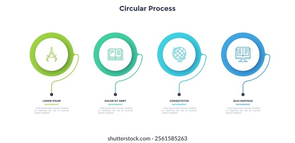 Circular process diagram color minimalist design with 4 steps sequence. Business communication and development presentation with frames. Four connected round shapes for data infographic