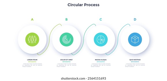 Circular process diagram color minimalist design with 4 steps sequence. Business communication and development presentation with frames. Three connected round shapes for data infographic