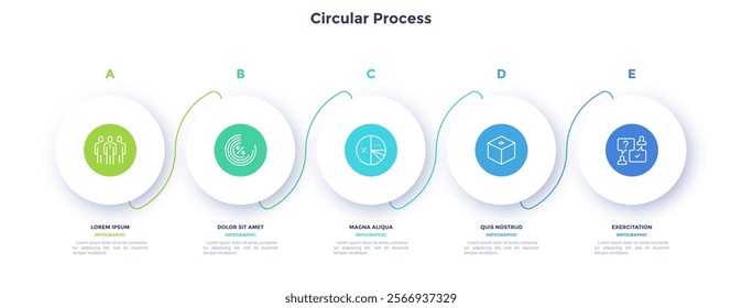 Circular process diagram color minimalist design with 5 steps sequence. Business communication and development presentation with frames. Three connected round shapes for data infographic