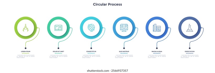 Circular process diagram color minimalist design with 6 steps sequence. Business communication and development presentation with frames. Six connected round shapes for data infographic