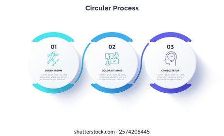 Circular process diagram color minimalist design with 3 steps sequence. Business communication and development presentation with frames. Three connected round shapes for data infographic