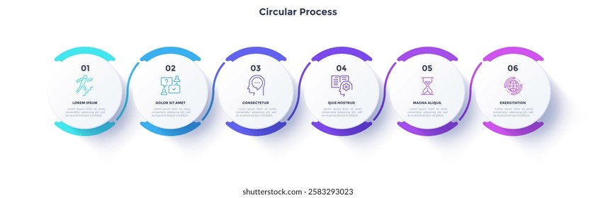 Circular process diagram color minimalist design with 6 steps sequence. Business communication and development presentation with frames. Six connected round shapes for data infographic