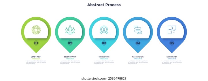 Circular process diagram color minimalist design with 5 steps sequence. Business communication and development presentation with frames. Five round shapes for data infographic