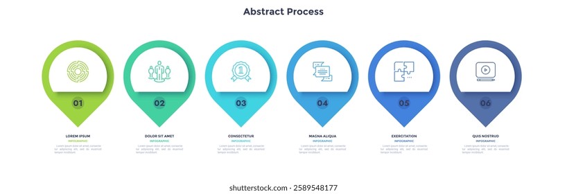 Circular process diagram color minimalist design with 6 steps sequence. Business communication and development presentation with frames. Six round shapes for data infographic