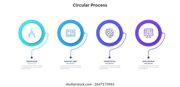 Circular process diagram color minimalist design with 4 steps sequence. Business communication and development presentation with frames. Four connected round shapes for data infographic