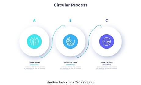 Diagrama de proceso circular diseño minimalista en color con secuencia de 3 pasos. Comunicación empresarial y presentación de desarrollo con marcos. Tres Formas redondas conectadas para infografía de datos