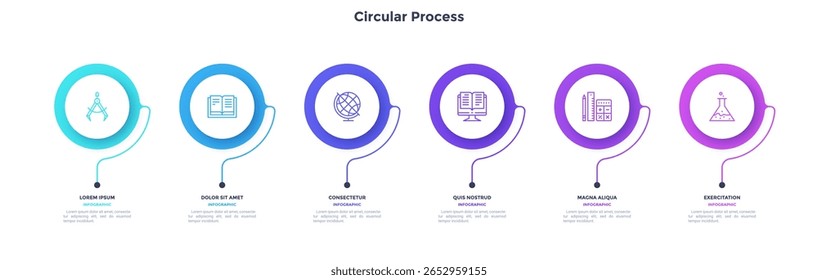 Projeto minimalista de cor de diagrama de processo circular com sequência de 6 passos. Comunicação de negócios e apresentação de desenvolvimento com quadros. Seis formas redondas conectadas para infográfico de dados