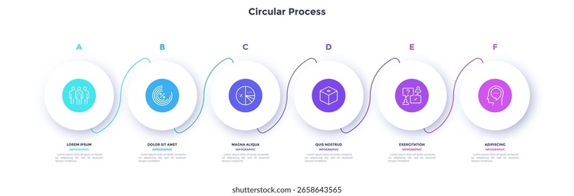 Kreisförmige Prozessdiagramm Farbe minimalistisch Design mit 6 Stufen Reihenfolge. Geschäftskommunikation und Entwicklungspräsentation mit Rahmen. Drei miteinander verbundene runde Formen für die Dateninfografik