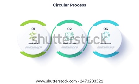 Circular process diagram color minimalist design with 3 steps sequence. Business communication and development presentation with frames. Three connected round shapes for data infographic