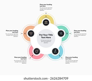 Circular process diagram with five colorful options. Modern infographic design with numbers and minimalistic icons for website or data presentation.