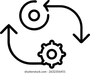 A circular process icon featuring arrows connecting a circle and a gear, representing a continuous loop, syncing, and automated system design.