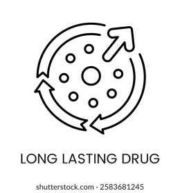 A circular process icon in vector, symbolizing continuous and long lasting drug effects, with an editable stroke.