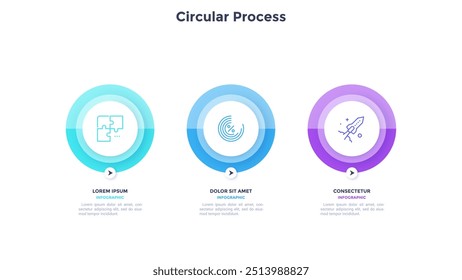 Projeto de gráfico infográfico de processo circular para apresentação de trabalho empresarial. Ideias inovadoras para infográfico de crescimento da empresa com ícones de linha fina. Gráficos de instrução com 3 etapas para banners