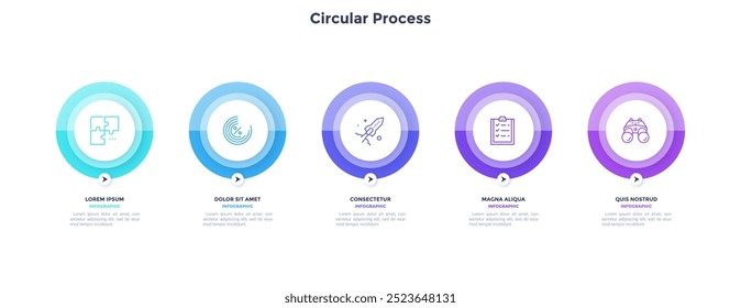 Diseño de gráfico de infografía de proceso circular para presentación de trabajo empresarial. Ideas innovadoras para infografía de crecimiento de la empresa con iconos de línea delgada. Gráficos instructivos con 5 pasos para Anuncios