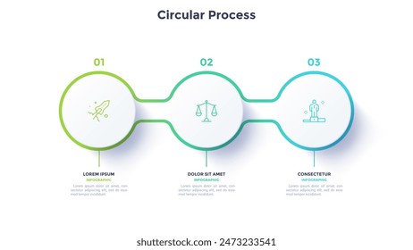 Diseño infográfico del proceso circular del impacto de las innovaciones en los negocios y la ciencia. Impulsar la empresa comercial con el futuro de la tecnología infochart con iconos. Gráficos instructivos con 3 pasos para el Anuncio
