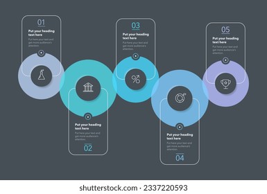 Circular process infographic template with five steps - dark version. SImple chart design for workflow layout, diagram, banner, web design.