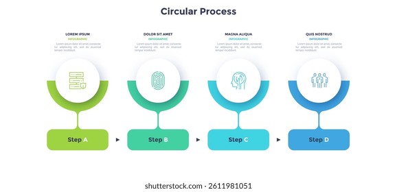 Circular process infographic template. Strategic business diagram with four steps. Modern chart layout for project management, presentation slide, data visualization, strategy. Vector illustration.