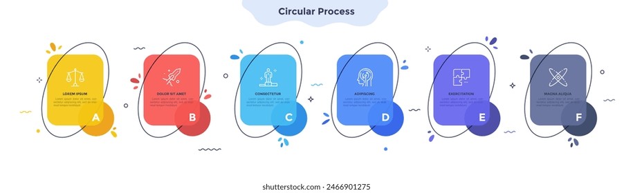 Circular process template infographic elements with 6 steps. Business strategy promotion presentation design with mockup banners. Six rounded shapes for commercial graphic data performance