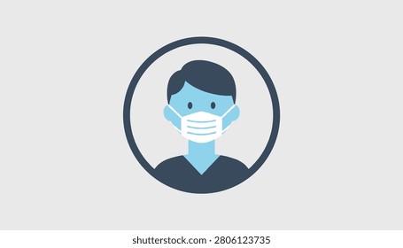 Circular profile avatar icon of a man wearing a white protective medical face mask on a light grey background.