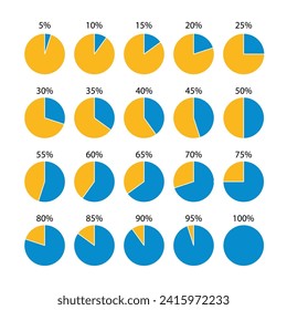 Circular progress bar blue and yellow. Circle loading template. 100 percent round pie chart. Schemes with sectors. Progress diagram structure. Piechart with segments and slices. Vector illustration