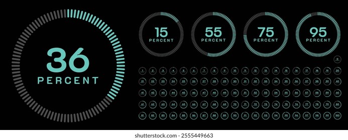Circular progress bar, donut chart set show for various percent numbers 1 to 100% for infographic, ux ui web design and data visualization.