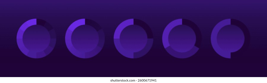 Circular progress charts. A set of purple segmented donut graphs representing data analysis, performance tracking, and statistics on a dark background. Business intelligence, financial metrics