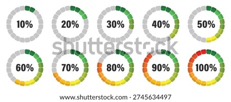 Circular progress indicator collection. Percentage loading rings from ten to one hundred. Color segmented dashboard elements isolated on white