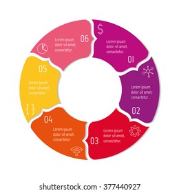 Circular progress steps for tutorial. 6 options paper infographic banner. Number banner template for diagram, presentation or chart. Business concept sequence banner. Curved arrow workflow layout.