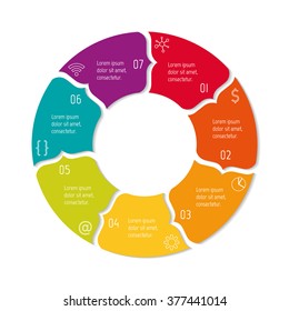 Circular progress steps for tutorial. 7 options paper infographic banner. Number banner template for diagram, presentation or chart. Business concept sequence banner. Curved arrow workflow layout.