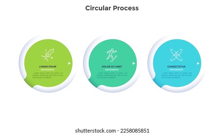 Plantilla de progreso circular para el diseño de gráficos de infografía de desarrollo corporativo. Funciones de refuerzo de inicio con iconos de línea delgada. Gráficos instructivos con 3 pasos para banners de Internet