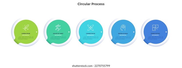 Plantilla de progreso circular para el diseño de gráficos de infografía de desarrollo corporativo. Funciones de refuerzo de inicio con iconos de línea delgada. Gráficos instructivos con 5 pasos para banners de Internet