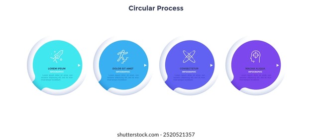 Plantilla de progreso circular para el diseño de gráficos infográficos de desarrollo corporativo. Gráfico de información de funciones de impulso de inicio con iconos de línea delgada. Gráficos instructivos con 4 pasos para Anuncios de Internet