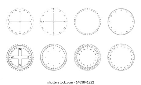 Circular protractor with dial and wind directions. Editable stroke width