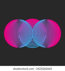 Circular psychedelic pattern logo featuring overlapping three circles in a horizontal row, sphere grid thin lines technology symbol, rounded vibes with blue-pink gradient.