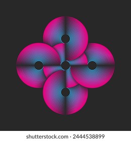 Circular psychedelic pattern logo featuring overlapping five circles, weaving thin parallel lines creating a grid abstract shape symbol. The 5 rounds form a mesh from a vibrant blue-pink gradient.