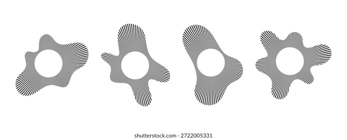 Ondas sonoras pulsadas circulares ou formas de ondulações de sinal. Linhas radiais vibrantes. Formas de onda simples de música, rádio, eco ou equalizador de frequência isoladas no fundo branco. Ilustração gráfica vetorial.
