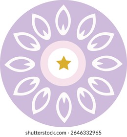 A circular purple mandala with golden star center, ideal for Islamic designs, meditation art, or spiritual and decorative purposes.