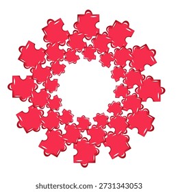 Circular puzzle frame made of red glossy jigsaw pieces arranged in a dense wreath shape, vector illustration in cute cartoon style for Valentine's Day cards, invitations, posters, romantic designs