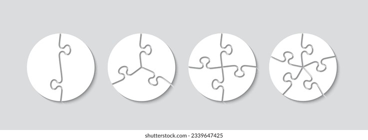 Circular puzzle grid. Thinking mosaic game with 2, 3, 4 and 5 shapes. Jigsaw pieces. Round laser cut frame. Simple background with separate details. Vector illustration.