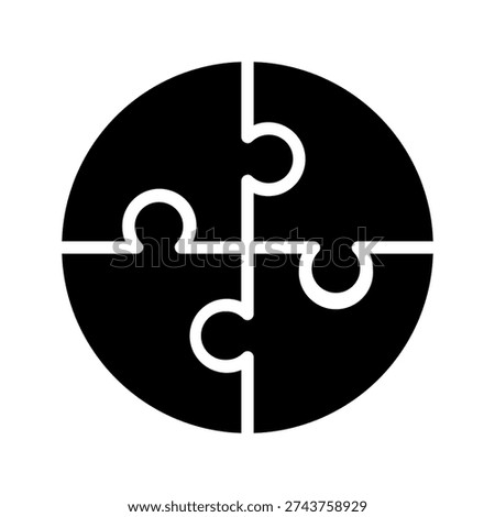 Circular puzzle icon featuring interlocking jigsaw pieces in clean flat design isolated on a plain background. Simple geometric symbol representing teamwork, collaboration, connection, integration, unity, and problem solving. Modern graphic suitable for business, education, web, mobile applications, branding, and infographic use.