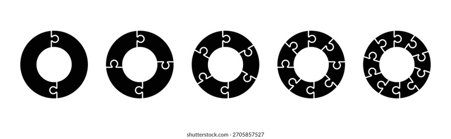 Circular puzzle icon set. Pieces puzzle on circle. Round puzzle collection. Diagram template. 