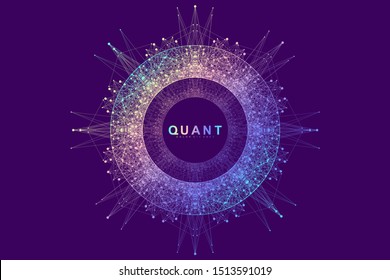 Circular quantum computer technology concept. Sphere explosion background. Deep learning artificial intelligence. Big data algorithms visualization. Waves flow. Quantum explosion, vector illustration.