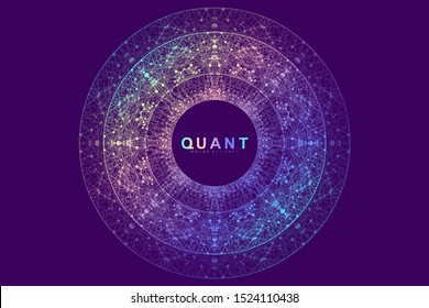 Circular quantum computer technology concept. Sphere explosion background. Deep learning artificial intelligence. Big data algorithms visualization. Waves flow. Quantum explosion, vector illustration.